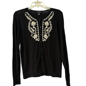 August Silk Black and Cream Embellished Cardigan Size Medium
